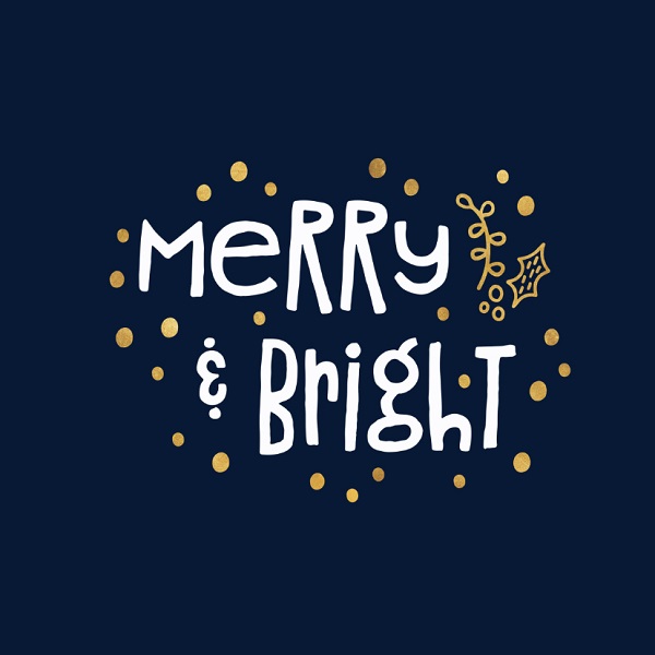 Kerstkaarten 2018: Donkerblauwe kerstkaart met witte opdruk en gouden versiersels