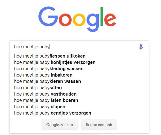 Google zoekopdracht hoe moet je baby